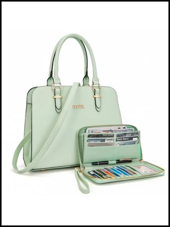 Satchel Purse Set with Faux Leather and Wallet Clutch Work Tote Bag 2pc