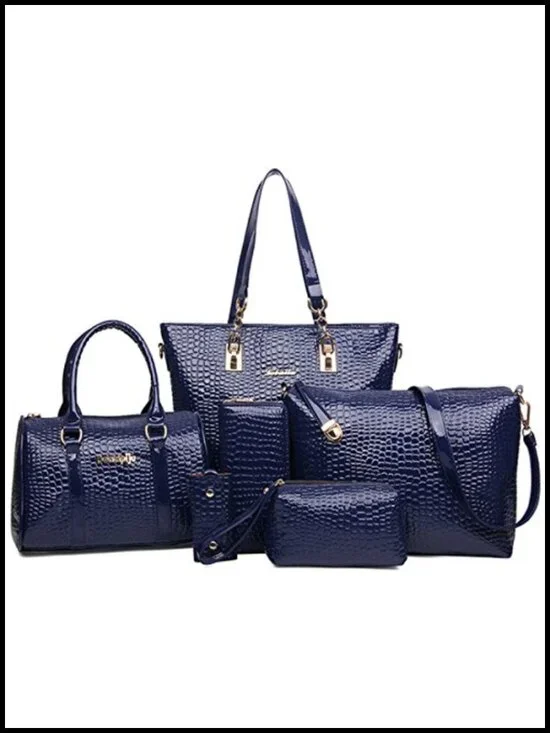 6 Pc Handbag Set Clutches Totes Satchels Crossbody Wallet Polyester PU Leather