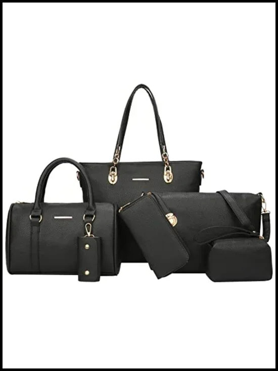 6-Piece Synthetic Leather Tote Crossbody Bag Set with Satchel Clutch