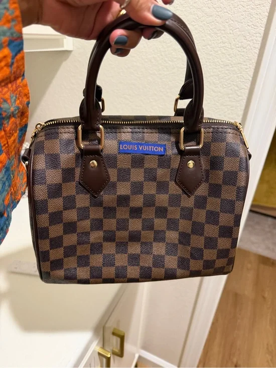 Designer inspired Brown checkered Mini Satchel with Gold Hardware