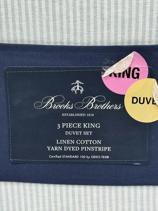 Brooks Brothers King Light Blue White Pinstripe Cotton Linen Duvet Cover Set