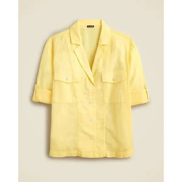 J Crew Camp Collar Featherweight Linen Blend Button Up Shirt US Women's 4 Yellow