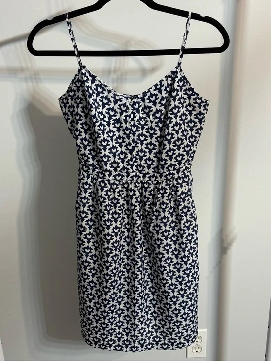 J. Crew Navy and White Printed Seaside Spaghetti-Strap Dress with Pockets