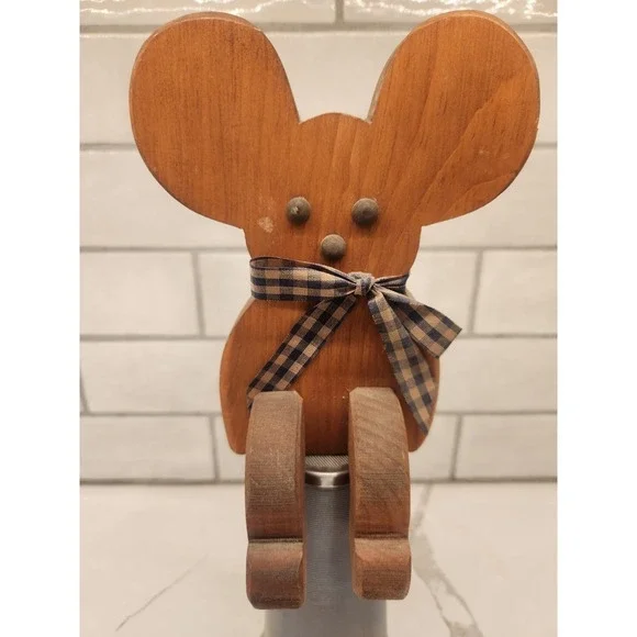 Vintage Mouse Wood Shelf Sitter Country Rustic Farmhouse Cottagecore W/Blue‎ Bow