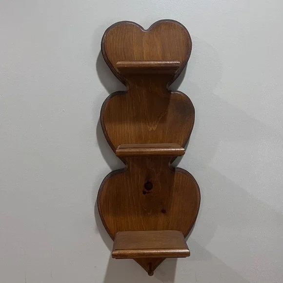 Vtg Style Rustic Wood Triple Heart Wall Shelf Farmhouse 3 Tier Display 21