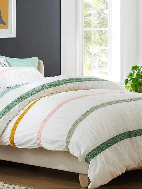 Crate&Barrel Kids White Duvet Cover with Green, Pink, Mustard, and Sage Stripes