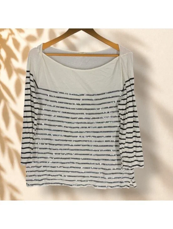 J. Crew Top Women L Large White Striped Sequin 3/4 Sleeve Round Neck Casual