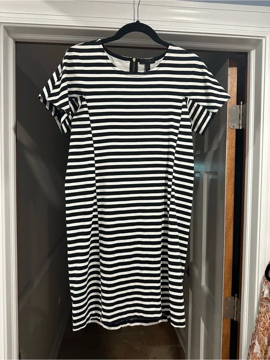 J. Crew Black and White Striped Short-Sleeve Shift Dress