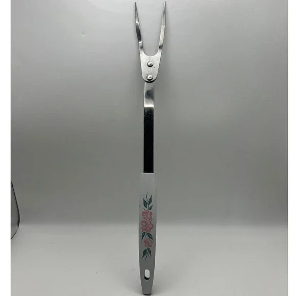 USA Stainless Steel Meat Fork Pink Floral Handle 12 inches 2 Prong Vtg