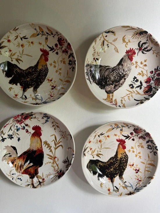 Set of 4 Rooster Decorative Ceramic Wall Plates - Cream & Multicolor