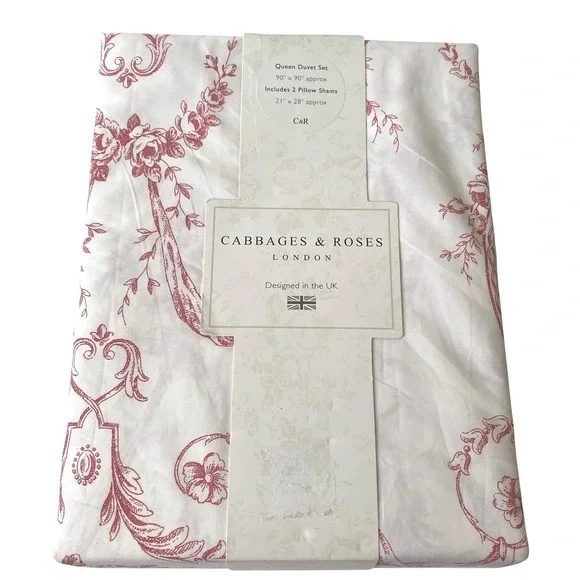 Cabbages & Roses London Queen Duvet Set Floral Toile‎ Berry Red Cotton Christmas