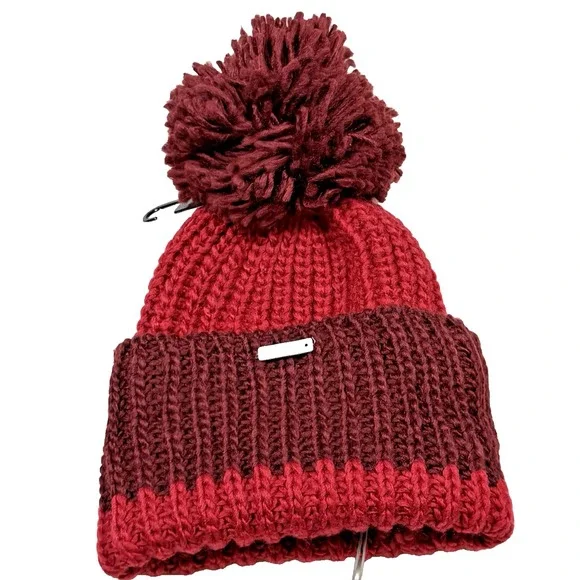 BENCH Chunky Ribbed Knit Pom Pom Beanie Maroon Red One Size Unisex NWT‎