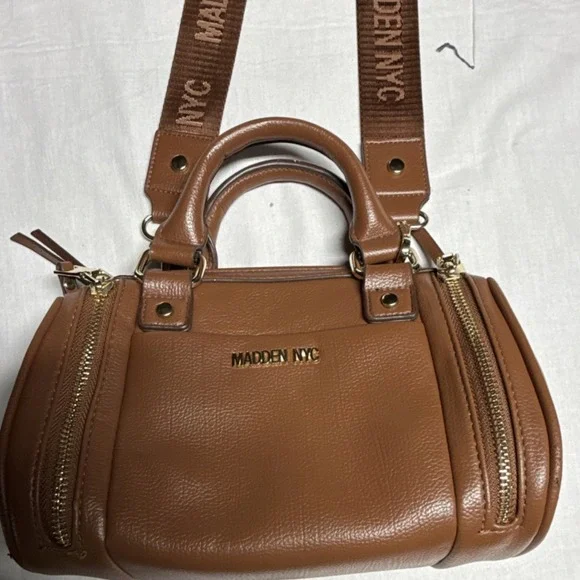 MADDEN NYC Brown Satchel Bag Adjustable Strap Double Handles Gold Zipper Logo