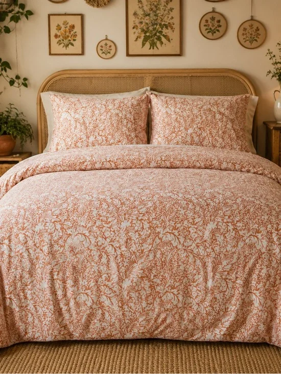 Cottagecore Queen Duvet Cover Set Coral White Floral Button Closure 2 Shams NWOT
