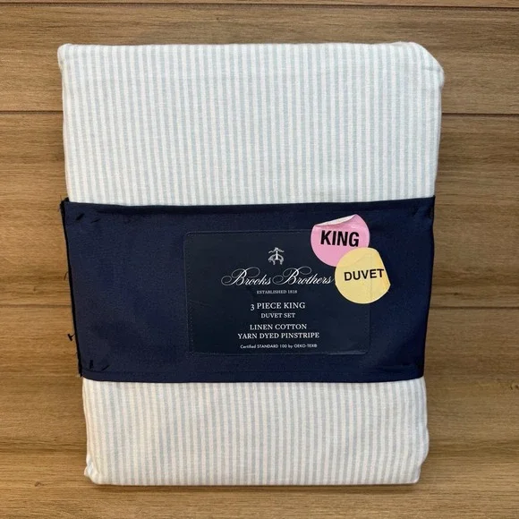Brooks Brothers Duvet Set KING Linen Cotton Yarn Dyed Pinstripe Blue White
