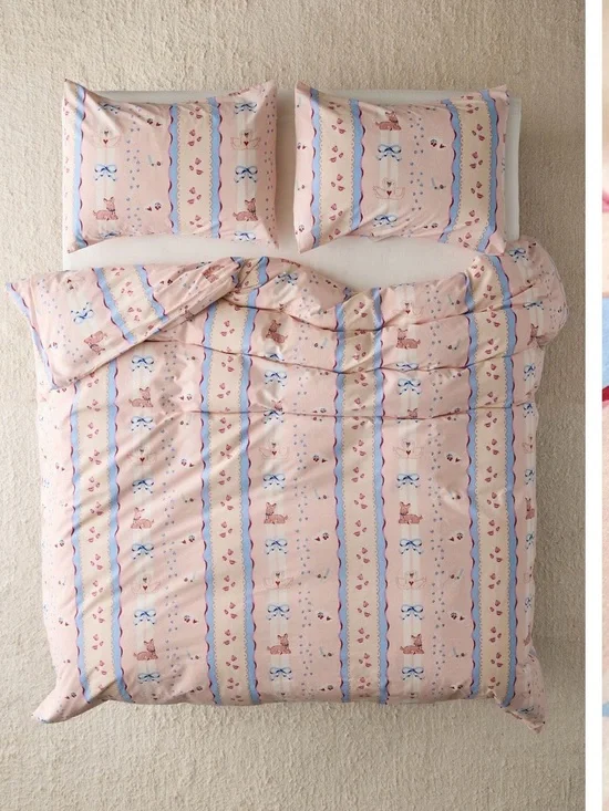 Urban Outfitters Molly Cozy Pink Striped Floral & Bow Cotton duvet Set