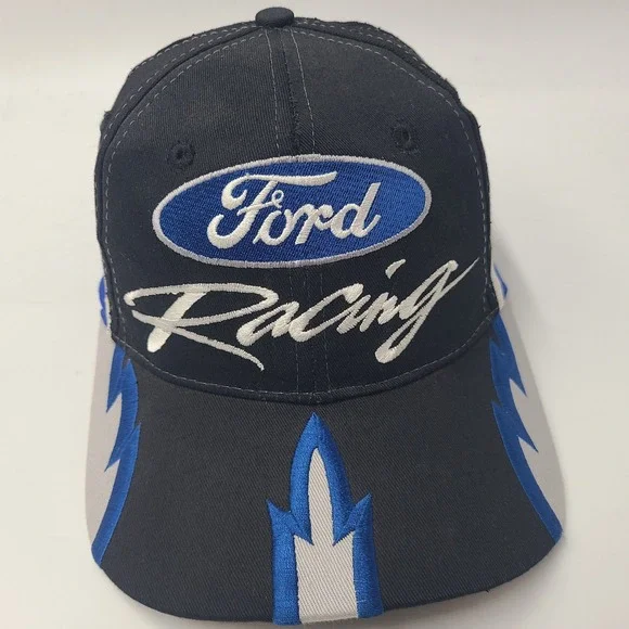 Vintage Ford Racing Hat Snapback (Fits Small) Black Blue White Flames *TEAR*‎