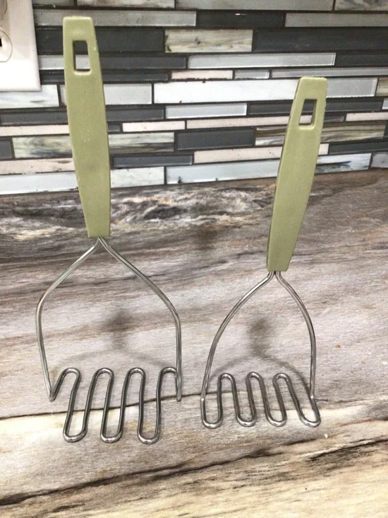 Vintage Green Handle Potato Mashers Set of 2 Stainless Steel Kitchen Utensils.