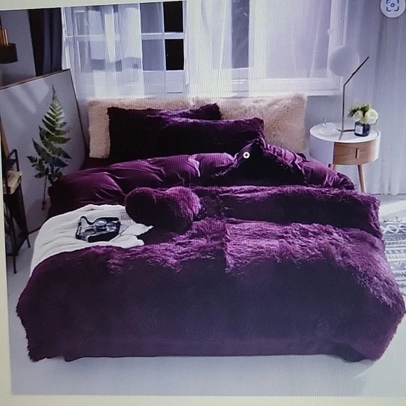 Soukach Shaggy Fluffy Faux Fur Luxury Queen 3pc Duvet Cover set Plum Purple New