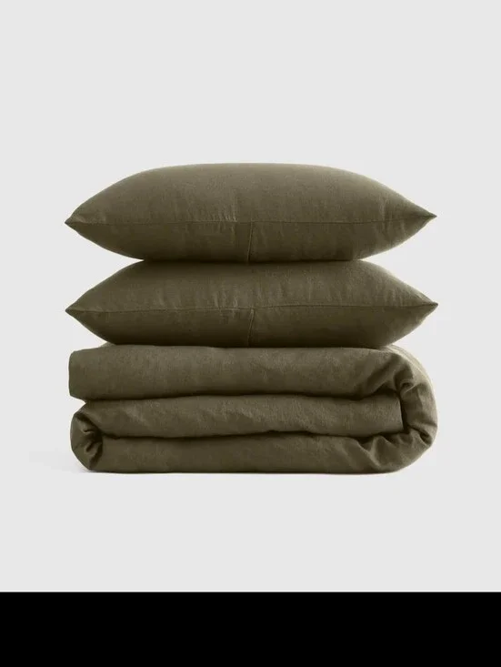 Quince Olive Green Linen Duvet Cover Set Full Queen
