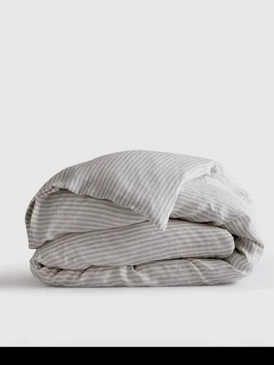 Quince Mist White Striped Full Queen Duvet Cover ONLY 100% Linen European