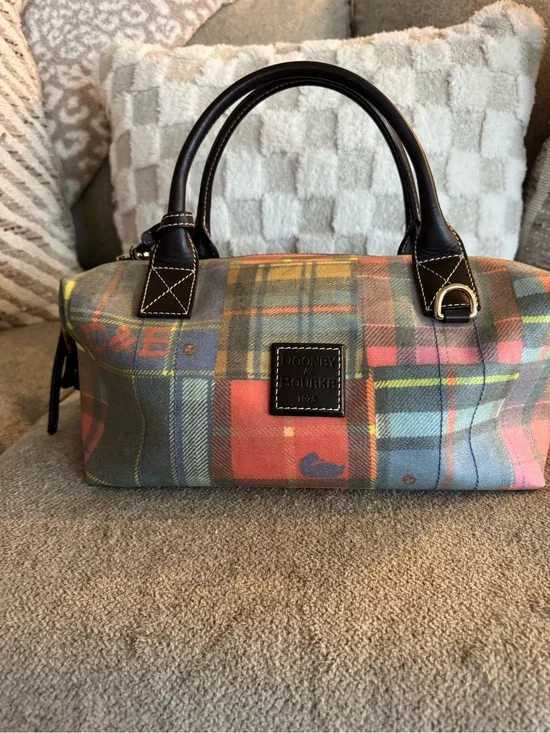 Dooney & Bourke Multicolor Plaid Coat Canvas Satchel Dark Brown Leather Trim