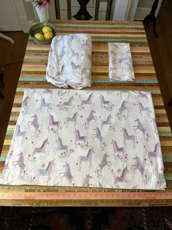 Pottery Barn Kids Unicorn Purple White Twin 3pc Sheet Set Flannel Cotton Organic