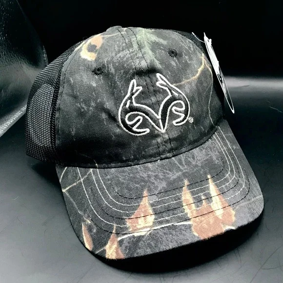 Realtree Antler Logo Camo Trucker Hat Mens Black Mesh Adjustable Hunting Cap NWT