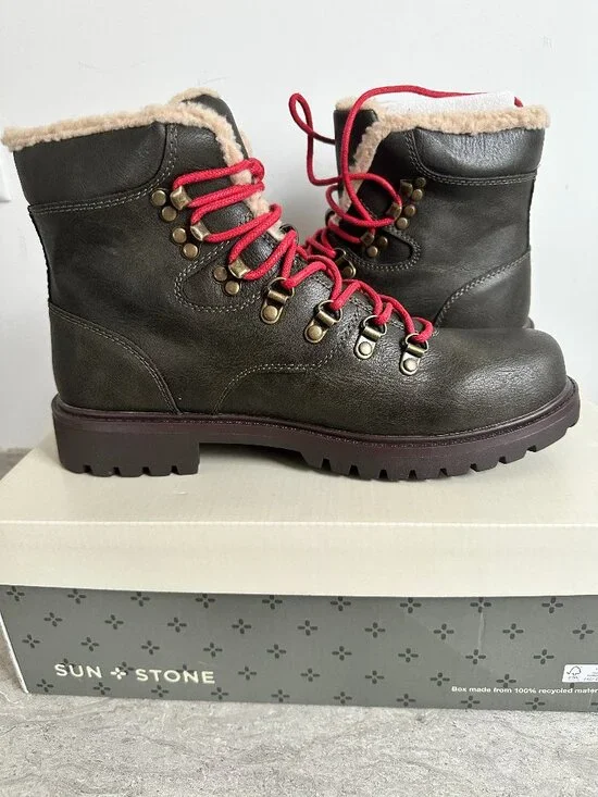 Sun Stone Glenn Olive Green Winter Hiking Boots Mens Sz 9 Faux Shearling Lining