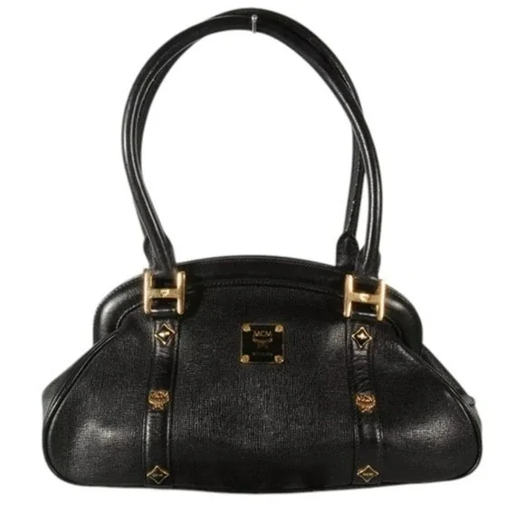 MCM Munchen Black Textured Leather Satchel Gold Hardware Doctor Bag Handbag