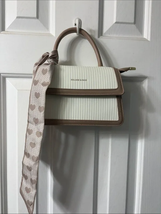 Cream & Taupe Structured Top-Handle Satchel by FELLAKE & BAGS