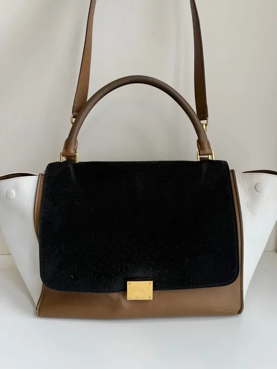 Authentic CELINE Medium Trapeze Tricolor Leather Suede Handbag
