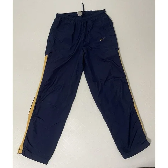 VINTAGE Nike Men Activewear Track‎ Pants S Blue Gold Swoosh Pockets Drawstring