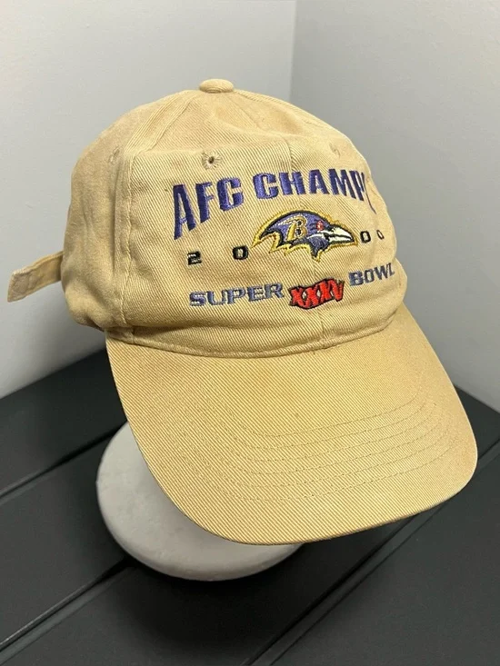 Vintage NFL Baltimore Ravens Super Bowl XXXV 35 AFC Champions Tan Hat Adult OSFA