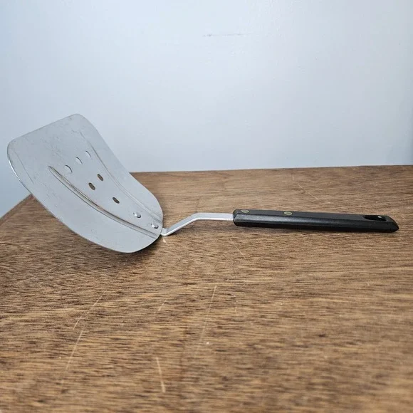 Vintage‎ Stainless Steel Wide Slotted Spatula Turner Japan Offset Black Handle