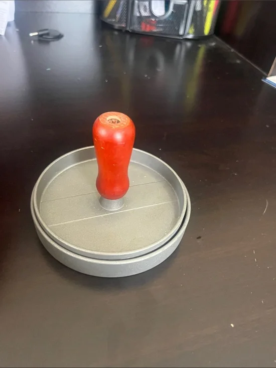 Gray Metal Burger Press with Red Wooden Handle