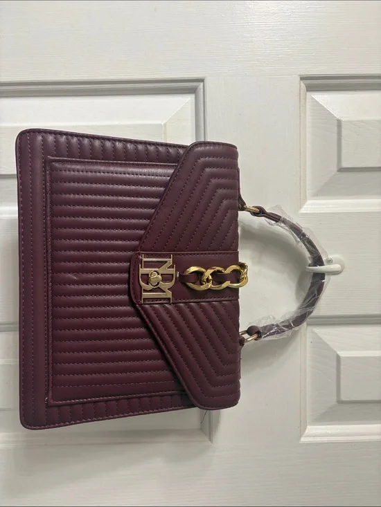 Quilted Burgundy Top-Handle Satchel with Gold Chain Accent