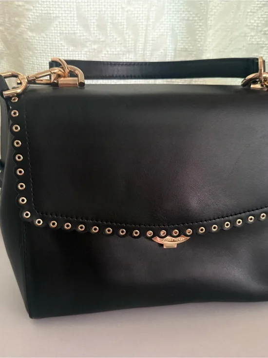 Elegant Black Leather Shoulder Bag with Gold Accents