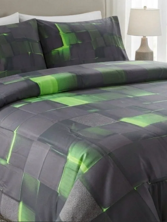Modern Green & Gray Geometric Case Set for Duvet and Pillows