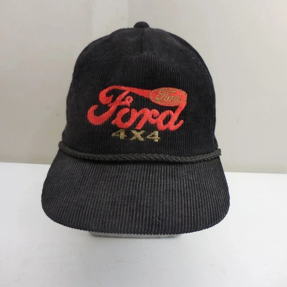 Vintage AmaPro Ford 4x4 Trucker Hat Black Corduroy Rope Strapback Cap Korea 80s