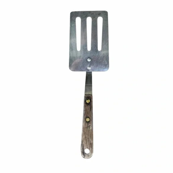 Vtg Robinson Knife Co Short Slotted Spatula Stainless Steel Wood Handle USA GUC
