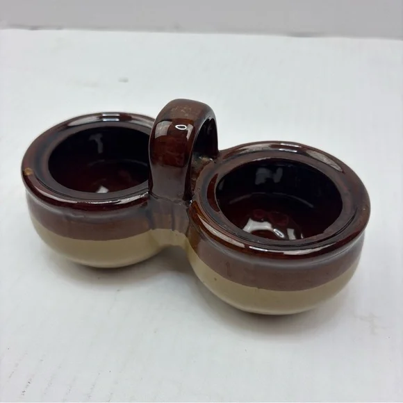 Vintage Brown Cream Stoneware Glazed Holder Double Condiment Sauce Dip Handle
