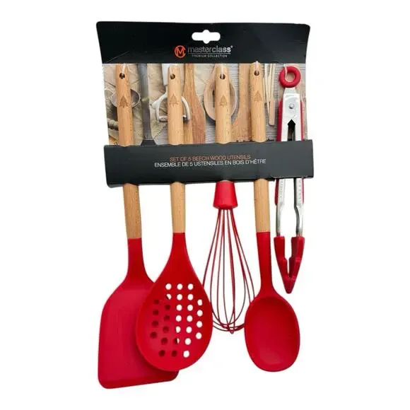 Non-Stick Silicone Kitchen Utensils 5 Pc Set Beech Wood Handle Red Christmas New