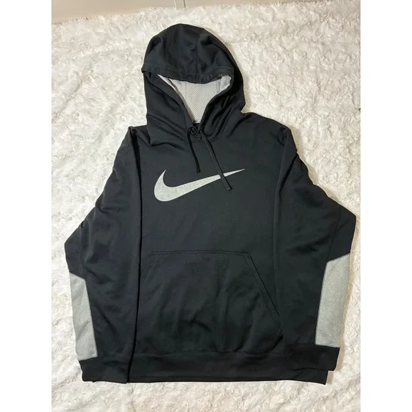 Nike Mens Therma-FIT Pullover Hoodie Black Silver Swoosh Fleece Sweatshirt XXL