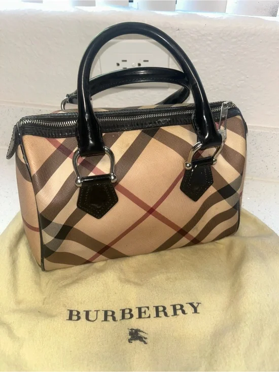 Burberry Classic Nova Check Satchel with Black Leather Handles