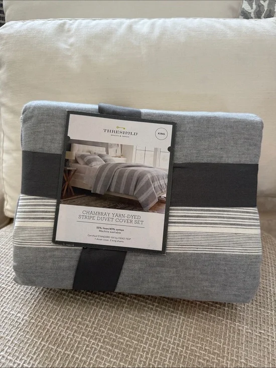 Threshold Gray Chambray Yarn-Dyed Stripe Duvet Cover and shams king