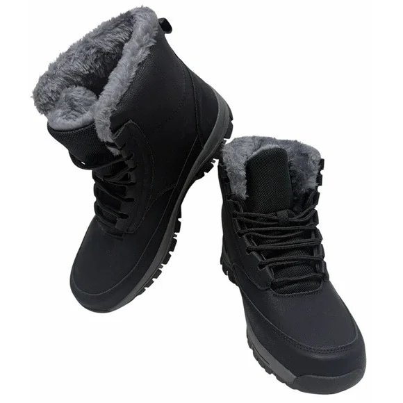 Men's Winter Snow Hiking Boots Black Faux Fur Lined Lace Up Outdoor EU 42 NWOB