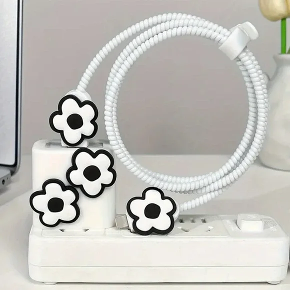 Black White Flowers iPhone Charger Cover Cable Protector P59