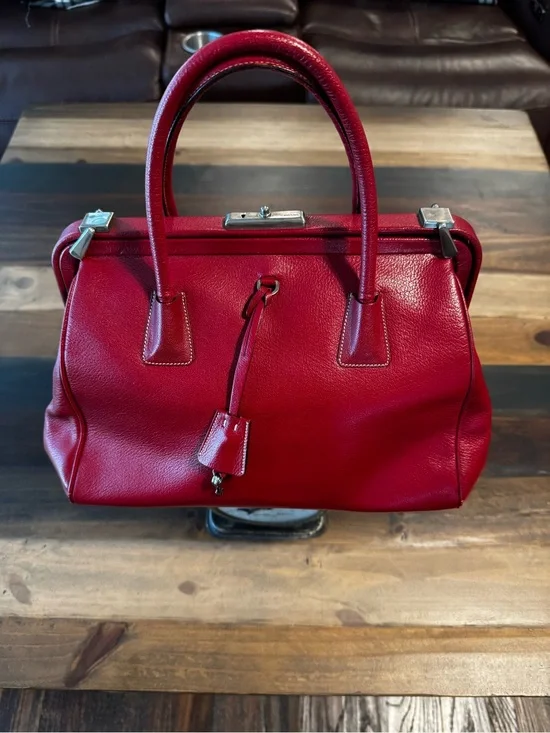 Prada Red Leather Top-Handle Satchel with OG Authenticity Card