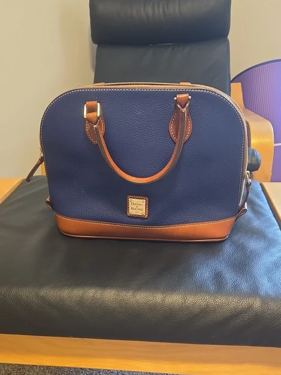Dooney & Bourke Navy Blue Leather Satchel with Brown Trim and Handles
